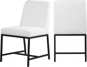 White Faux Leather Diamond Quilted Dining Chair Black Legs Set of 2