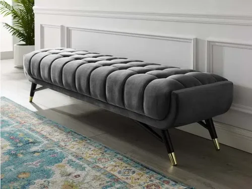 Mid Century Deep Tufted Grey Velvet Extra Long Bench