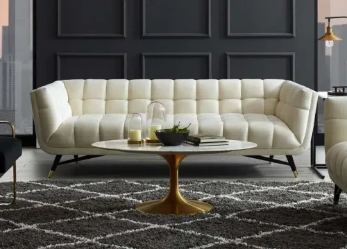 Mid Century Deep Tufted Ivory Velvet Sofa