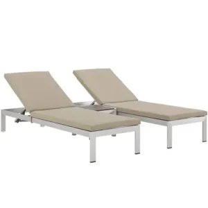 3 Piece Silver Aluminum Patio Chaise & Table Set Beige Cushions