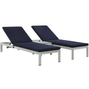 3 Piece Silver Aluminum Patio Chaise & Table Set Navy Cushions