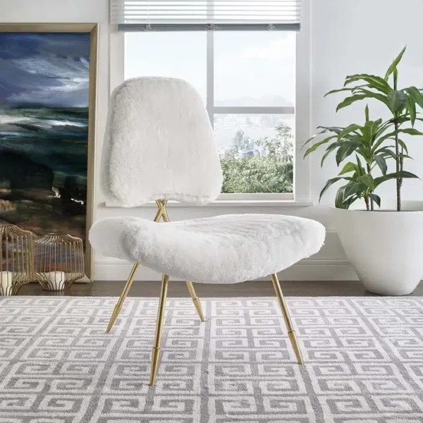 White Sheepskin Gold Toothpick Leg Lounge Chair