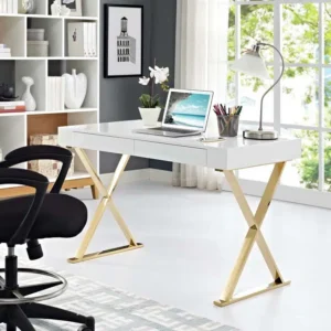 Glam White X Frame Gold Base Desk