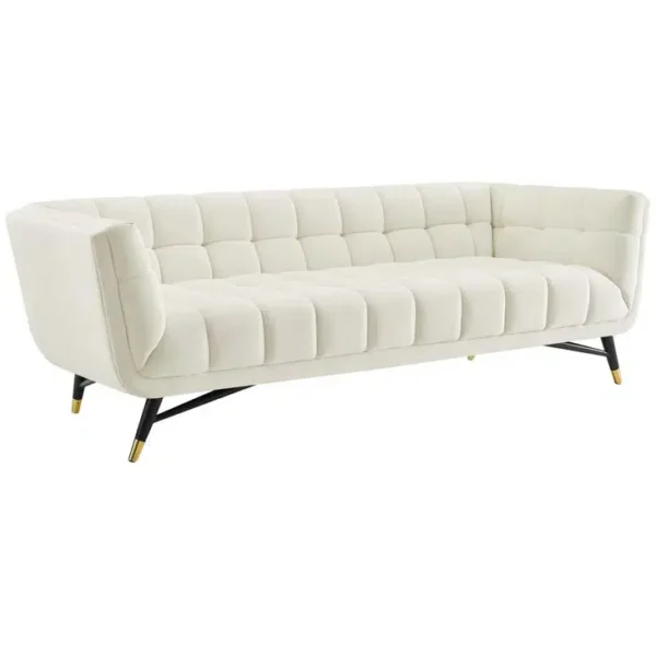Mid Century Deep Tufted Ivory Velvet Sofa