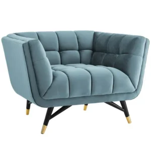 Mid Century Deep Tufted Sea Blue Velvet Lounge Chair