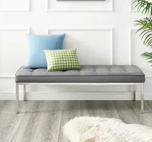 Grey Silver Faux Leather Tufted Stainless Steel Leg Bench