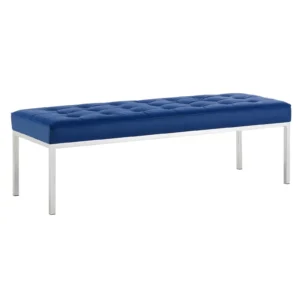 Blue Faux Leather Tufted Stainless Steel Leg Bench