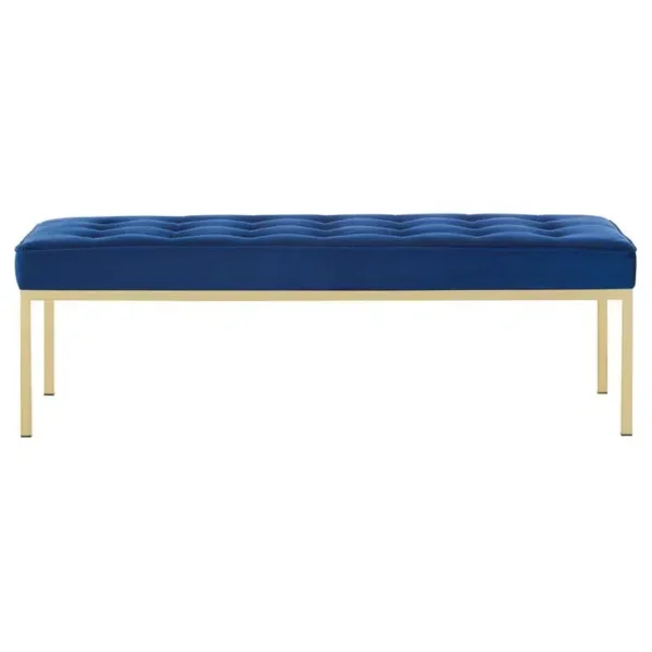 Blue Button Tufted Velvet & Gold Linear Base Bench