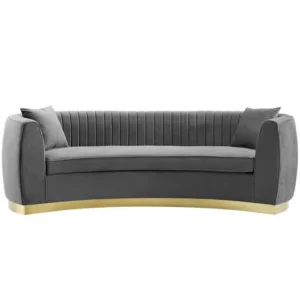 Grey Velvet Vertical Channel Tufted Curved Sofa