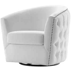 White Velvet Back Tufted Barrel Shaped Swivel Chair