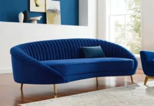 Blue Velvet Channel Tufted Back Curved Asymmetrical Sofa