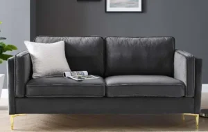 Charcoal Grey Velvet French Piping Gold Leg Sofa