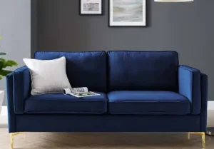 Blue Velvet French Piping Gold Leg Sofa