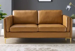 Tan Vegan Leather French Piping Gold Leg Sofa