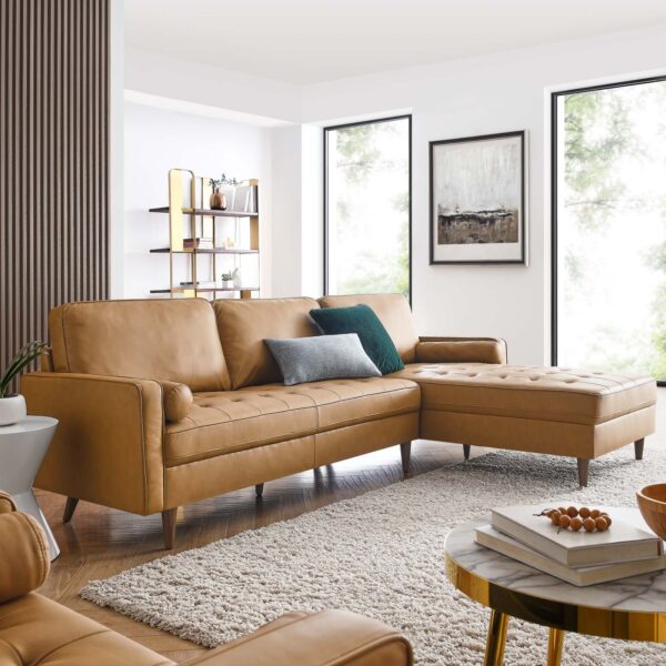 Tan Leather Tufted Sectional Sofa
