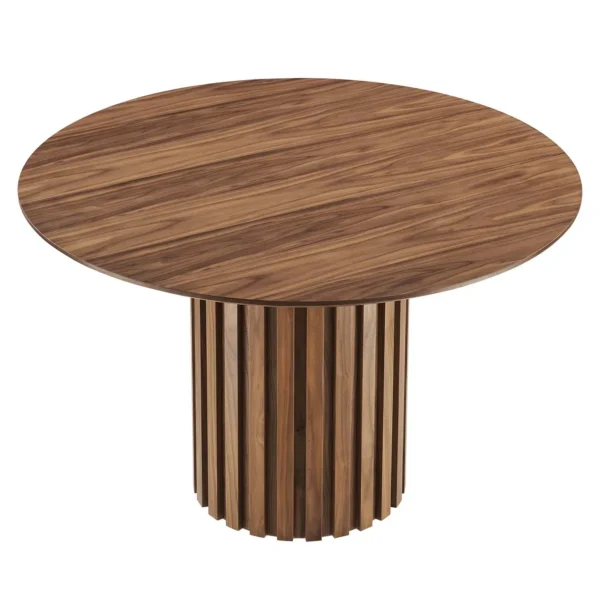Detailed Pedestal Base Walnut Color Round Dining Table