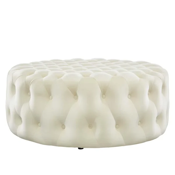 Ivory Velvet Totally Tufted Round Ottoman Coffee Table
