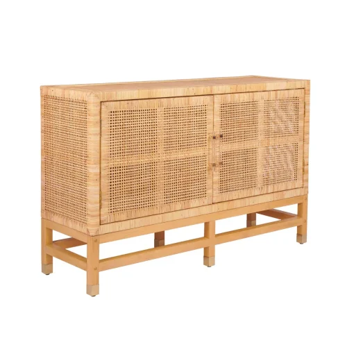 Natural Wood and Woven Rattan Buffett Sideboard
