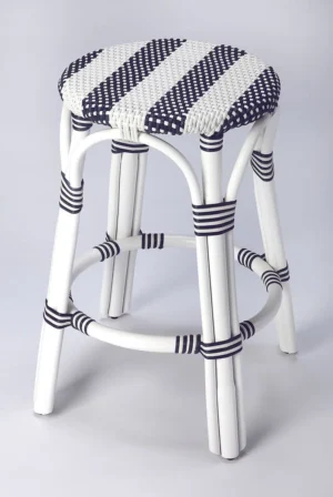 Navy Blue & White Stripe White Rattan Backless Counter Stool