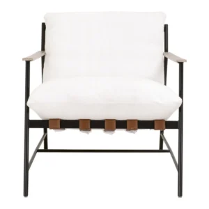 Off White Down Stuffed Fabric Black Iron Leather Strap Seat Armchair