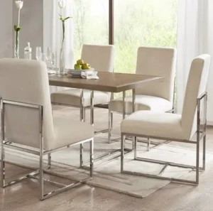 Natural Fabric Silver Base Modern Dining Chairs Set 2
