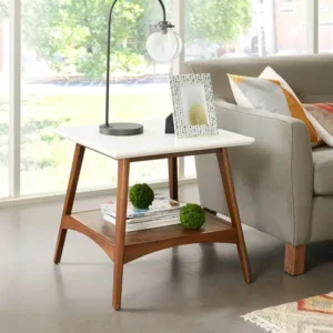 White Top Wood Mid-Century Accent Table with Shelf