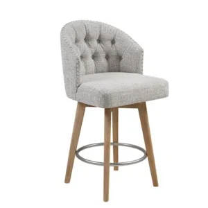 Textured Light Grey Button Tufted Barrel Style Wood Leg Swivel Stool