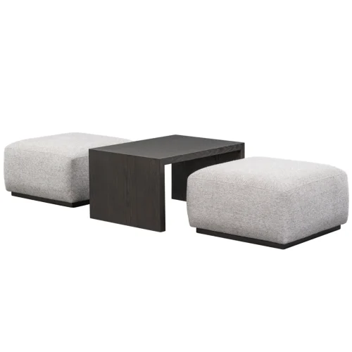 Performance Fabric Double Ottoman & Dark Ash Wood Block Coffee Table Ottoman.