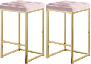 Pink Velvet Tufted Backless Counter Stool Gold Base Set 2