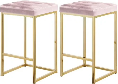 Pink Velvet Tufted Backless Counter Stool Gold Base Set 2