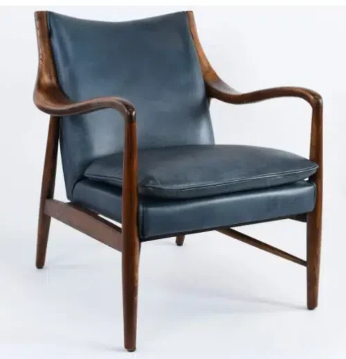 Plush Blue Leather & Wood Mid Century Club Chair