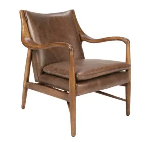 Plush Brown Leather & Wood Mid Century Club Chair