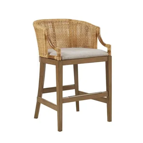 Rattan Rounded Back Cream Fabric Seat Counter Stool