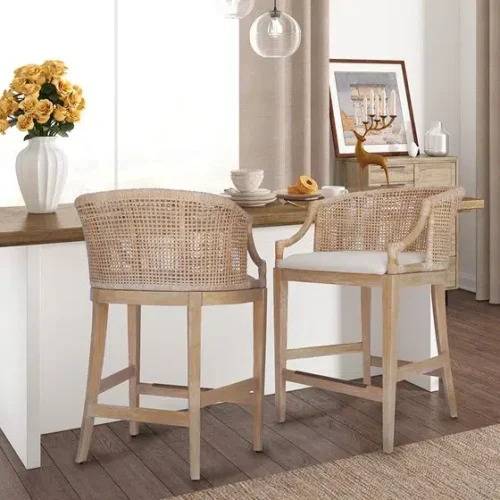 Rattan White Washed Rounded Back Cream Fabric Seat Counter Stool