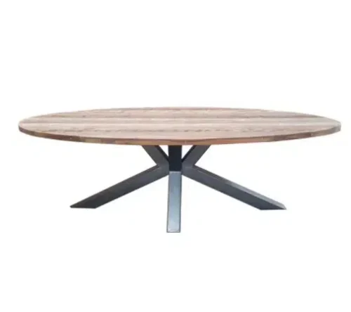 Reclaimed Teak Wood Oval Industrial Metal Legs Dining Table