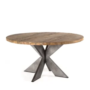 Reclaimed Teak Wood Round Industrial Metal Legs Dining Table