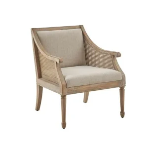 Reclaimed Wood Cane Inset Arms Beige Fabric Cushions Accent Chair