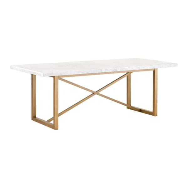 Rectangle White Marble Top X Frame Brushed Gold Base Dining Table