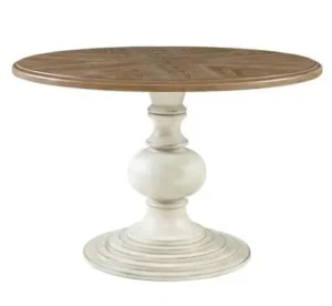 Round Walnut Top Aged Cream Base Farmhouse Dining Table