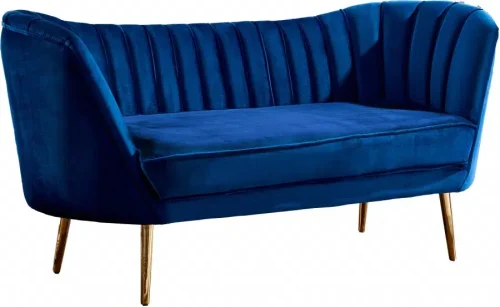 Royal Blue Velvet Channel Tufted Loveseat Sofa Gold Legs