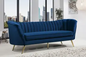 Royal Blue Velvet Channel Tufted Sofa Gold Legs