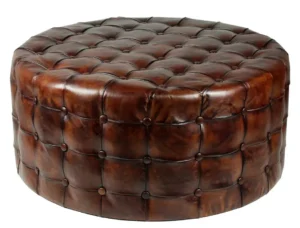 Antique Brown Leather Round Button Tufted Coffee Table Ottoman