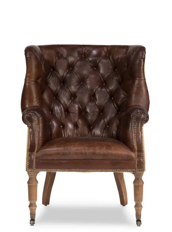 Dark Tufted Vintage Leather & Jute Library Chair