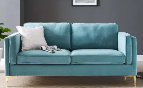 Sea Blue Velvet French Piping Gold Leg Sofa