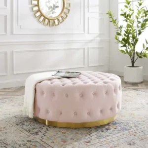 Soft Pink Velvet Totally Tufted Round Ottoman Coffee Table Gold Base