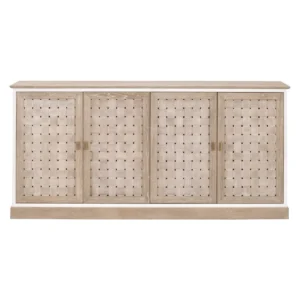 Solid Oak Wood Woven Design Front Brushed Gold Accents Sideboard