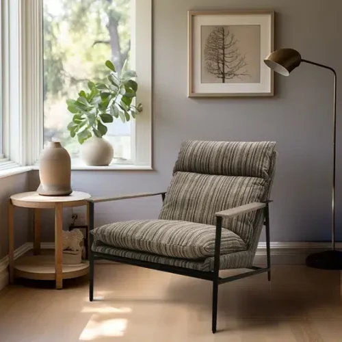 Striped Fabric Mid Century Black Metal Frame Accent Chair