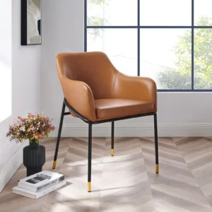 Tan Brown Faux Leather Midcentury Black Frame Accent Dining Chair