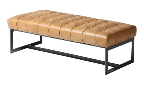 Tan Tufted Leather Bench Iron Industrial Base