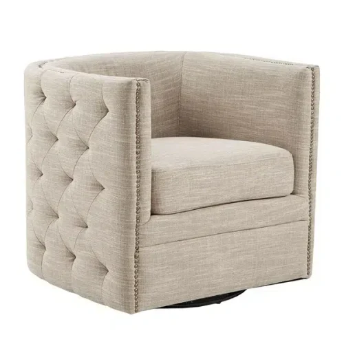 Taupe Beige Grey Button Tufted Square Swivel Chair